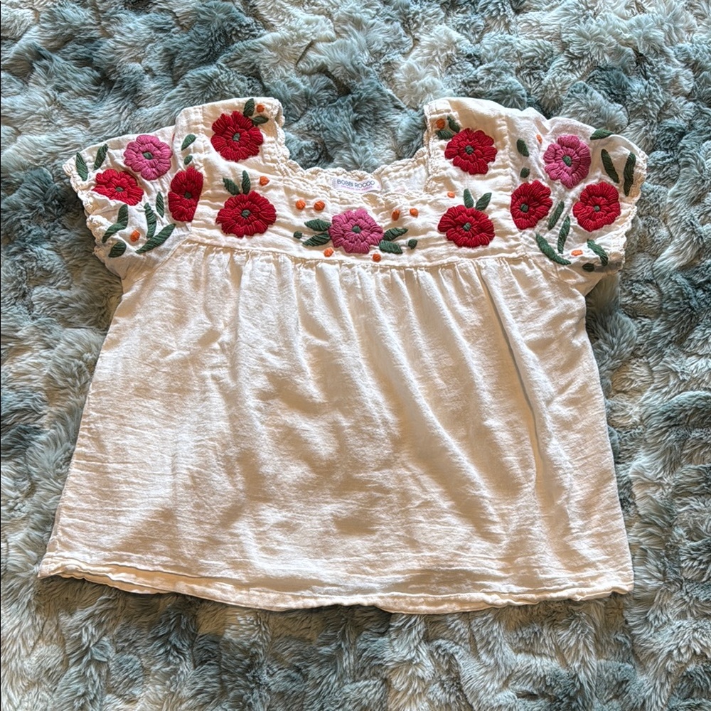 Flowy peasant style Cream Blouse with Red and Pink 3D Floral Embroidery